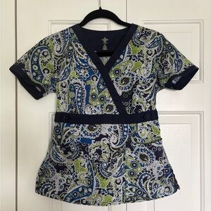 Med Couture Navy, Blue & Green Paisley Scrub Top